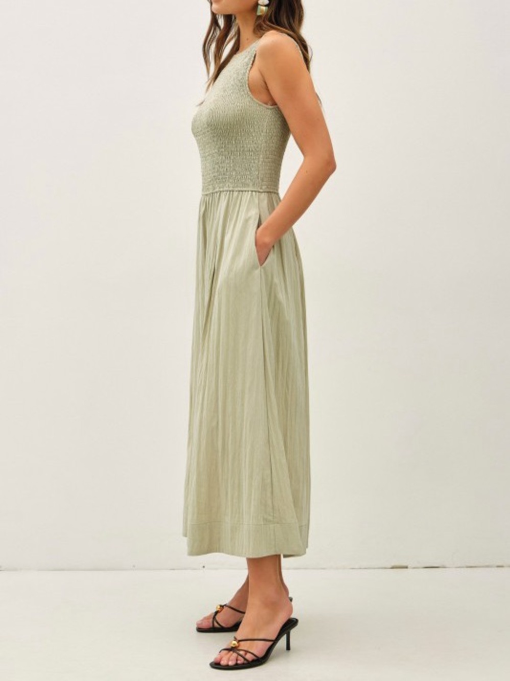 Sleeveless Smocked Bodice Maxi Dress in Sage Green